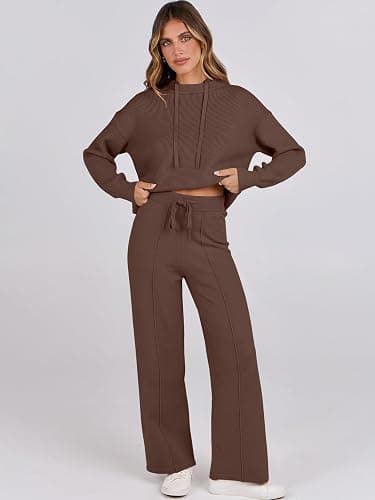 ANRABESS Women 2 Piece Outfits Sweater Sets Loose Long Sleeve Hoodies Knit Pullover Wide Leg Pants 2025 Fall Lounge Sweatsuit thumbnail 6