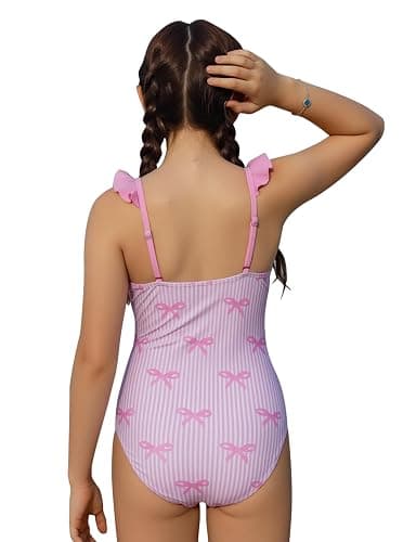 Ecolala Girls One Piece Swimsuits Ruffle Straps Bow Stripe Print Cute Bathing Suits with Mesh Swim Cover Up Skirt thumbnail 3
