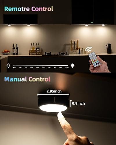 HOLKPOILOT Puck Lights with Remote, 2000mAh Battery Operated Rechargeable Under Cabinet Lighting, 3 Color Temps & 7 RGB Colors, Magnetic Closet Light, Black Wireless Puck Light for Kitchen, Shelf. thumbnail 4