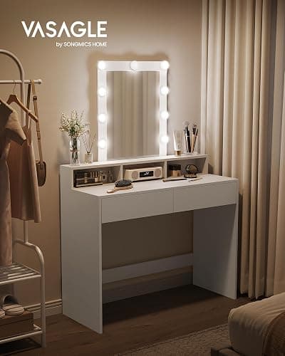 VASAGLE KAILYN Collezione - Toeletta, Luce LED con Luminosità Regolabile, Tavolo da Trucco con Specchio, 2 Cassetti e 3 Scomparti, Postazione Trucco, Moderno, Bianco RDT164W01 thumbnail 4