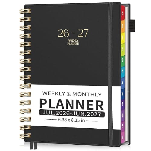 EMSHOI Academic Planner 2026-2027, Weekly and Monthly Calendar (July 2026 - June 2027), School Student Teacher Agenda Book, 100GSM Paper, PVC Cover, Colorful Tabs, A5 (6.38" x 8.35"), Black - Image 1