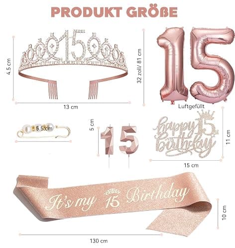 15 Geburtstag Mädchen Deko, 15. Geburtstagskrone und Schärpe, Happy Birthday Tortendeko und Kerzen, Roségold Folienballon 15, Geburtstagsgeschenk für 15 Jahre Mädchen Party Deko Supplies thumbnail 3