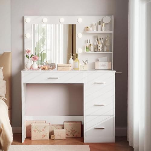 Furmax Vanity Desk with LED Lighted Mirror&Power Outlet, Makeup Vanity Table with 4 Drawers, 3 Open Storage Shelves, and 3 Color Modes, for Bedroom (Pure White) thumbnail 6