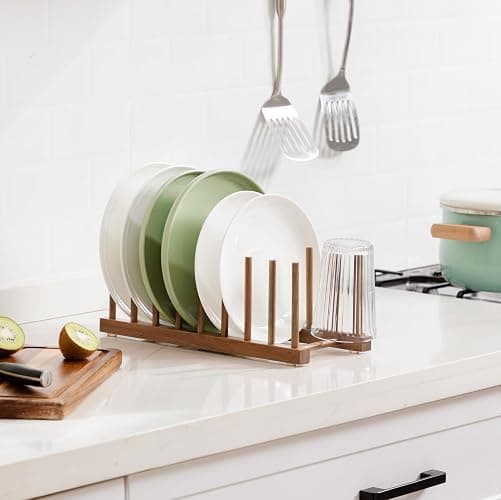 HBlife 2pcs Acacia Wooden Dish Dying Rack Pot Lid Plate Organizer Holder for Cabinet, Cutting Board Stand Drainer Storage Plate Rack for Dish, Pot Lid, Bowl, Cup, Cutting Board and Books thumbnail 6
