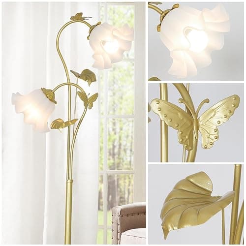 HMVPL Gold Floor Lamp for Living Room, Flower Standing Lamp with 2 LED 5W Blubs, Foot Switch, Floral Tall Lamp with Acrylic Shade, Antique Lotus Flower Floor Lamp for Living Room Office Reading thumbnail 4