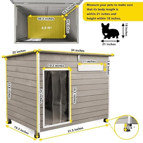 Gowoodhut 34" L Dog House Outdoor,Indoor Dog Kennel for Small & Medium & Large Dogs with Openable Asphalt Roof,100% Natural Fir Wood Outdoor Indoor Dog Houses with Removable Floors,Raised Feet,Grey thumbnail 6