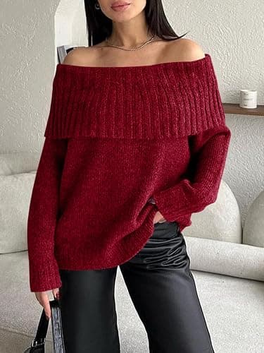 Saodimallsu Womens Off The Shoulder Sweaters Oversized Long Sleeve Loose Ribbed Knit Fall Trendy Pullover Tops thumbnail 4