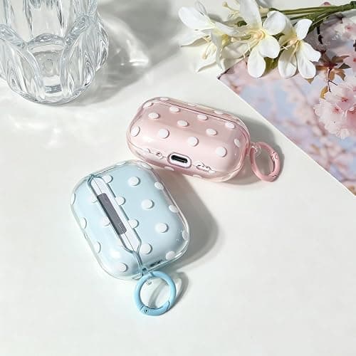 inewateri Compatible for AirPods Pro 2/Pro Case with Cleaner Kit, Cute Polka Dot Pattern Clear Aesthetics Trendy Design with Shell Keychain, Soft TPU Protective Cover for Girls Women-Pink thumbnail 3