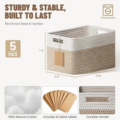 Yilobi 5 Pack Woven Storage Baskets for Shelves, Decorative Basket Organizer Storage Bins for Toys, Books, Clothes, Closet, Nursery, Bathroom – Cotton Rope Shelf Baskets for Organizing, Khaki & White thumbnail 3