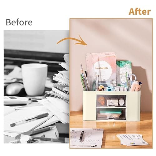 Marbrasse Plastic Pencil Holder for Desk, Pen Organizer with 2 Drawers | Desk Organizers and Accessories with 5 Compartments, Cosmetic Brush Holder for Office Art Supplies(Beige) thumbnail 6