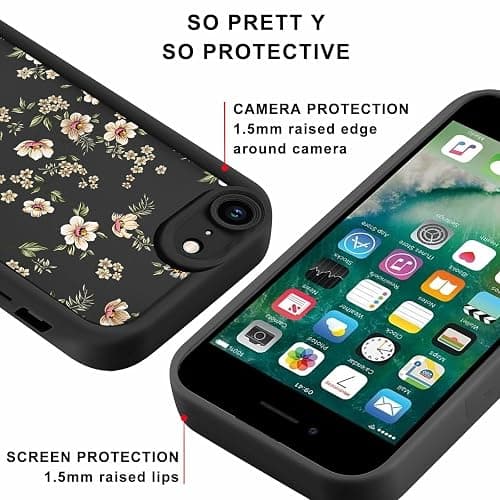 Zrutru 2 Pack Flower Phone Case for iPhone SE 2022/SE 2020/8/7 4.7",Cute Floral Print Cases Unique Plant Design Pattern for Women Girls Teens,Soft Shockproof Protective Cover SE 2022/2020,Beige Black thumbnail 2