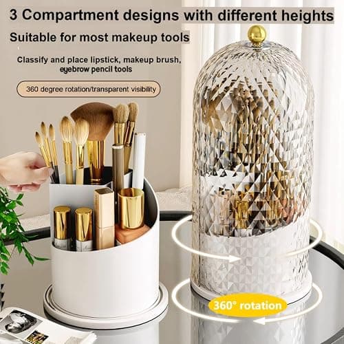 RONGZHIERK Makeup Brush Holder with Lid，Makeup Brush Storage Box with Diamond Pattern，360 Rotating Waterproof and Dustproof Beauty Brushes Storage for Vanity Bathroom,White thumbnail 3