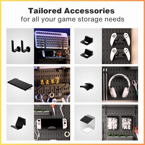 Keepo Peg Board Wall Organizer for Gaming Setup, Pegboard with Adhesives & Screw Mounts, Includes Peg Board Accessories for Gaming Accessories, Tech Storage & Office Organization (Black, 33″×22″) thumbnail 4