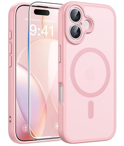 FNTCASE for iPhone 16 Case: [Compatible with Magsafe] Translucent Matte Cases with [Full Camera Protection] [Screen Protector] Military Grade Shockproof Protective Phone Cover - Light Pink - Image 1