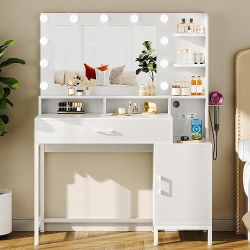 Driftalia Vanity Desk with Mirror and Lights, Makeup Vanity with Storage Drawer, Power Outlet and Large Cabinet for Bedroom - White thumbnail 7