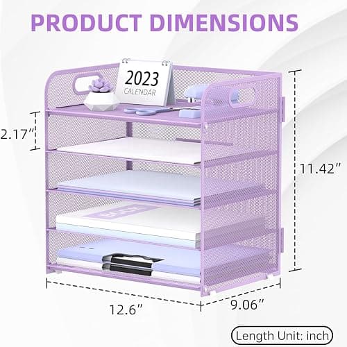 Supeasy 5 Trays Paper Organizer Letter Tray with Handle-Mesh Desk File Holders, Paper Sorter Desk Organizer for Office, Home, Classeoom or School, Purple thumbnail 2