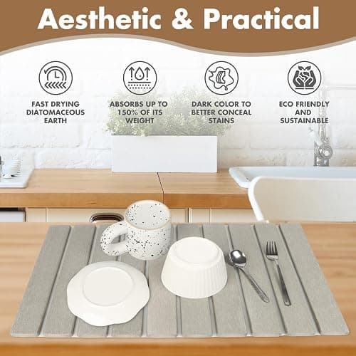 Large Stone Dish Drying Mat for Kitchen Counter, Eco-friendly, Instant Drying Pad,Diatomaceous Earth Water Absorbing Mat, Foldable and Super Absorbent Dish Drying Stone Mat, 24"×16", Warm Gray thumbnail 3