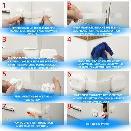 Goodv Child Safety Cabinet Locks - (10 Pack) Baby Proofing Latches to Drawer Door Fridge Oven Toilet Seat Kitchen Cupboard Appliance Trash Can with 3M Adhesive - Adjustable Strap No Drill No Tool thumbnail 8
