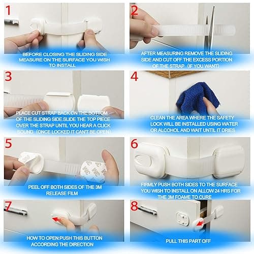 Goodv Child Safety Cabinet Locks - (10 Pack) Baby Proofing Latches to Drawer Door Fridge Oven Toilet Seat Kitchen Cupboard Appliance Trash Can with 3M Adhesive - Adjustable Strap No Drill No Tool - White thumbnail 8