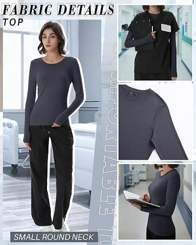 Xaatren 4 Pack Women's Underscrub Shirts Long Sleeve Nurse Cotton Blend Crewneck Slim Fit Tops Soft Stretchy Basic Tee thumbnail 3