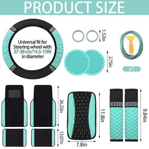 BBTO 43 Pcs Bling Car Accessories Set for Women Front Seats and Rear Bench Polyester Car Seat Protectors Wheel Cover Seat Floor Mats Full Crystal Automotive Interior Decor(Mint Green) thumbnail 6