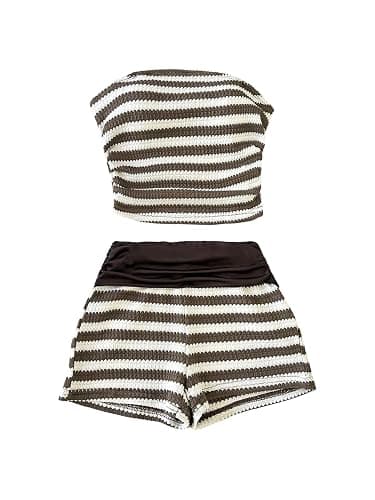 SOLY HUX Girl's Striped 2 Piece Summer Outfits Tube Top and Shorts Sets | Knit, Sleeveless Crop Top, Elastic Waist Shorts, Cute Clothes, Vacation - Image 1