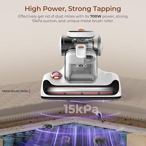 JIGOO Mattress Vacuum Cleaner with UV-C Light, 15Kpa Suction 700W Powerful Double-Cup Handheld Vacuums, Bed Cleaner with Smart Dust Sensor, Ultrasonic, Heating Tech, MIF Filter, T600, White thumbnail 2