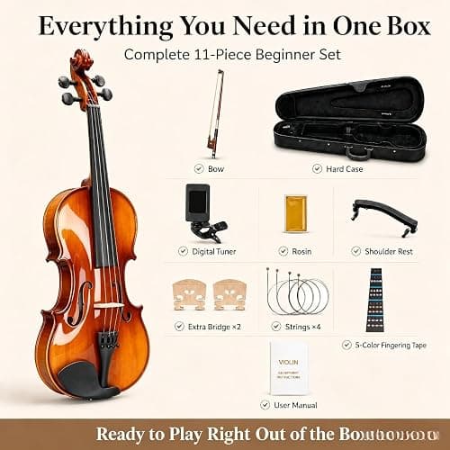 GODECOR Violin 4/4 Full Set for Beginners, Solid Spruce, Natural Matte | Fiddle with 5 Colors of Fingering Tape, Hard Case, Bow, Rosin, Tuner, Four Extra Strings, Two Bridges, Shoulder Rest thumbnail 5