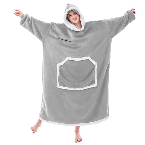 IFNOW Wearable Blanket Hoodie,Oversized Sherpa Hooded Blanket Sweatshirt with Eye Mask and Pocket,Cozy Flannel Blanket with Sleeves for Adult,Birthday Christmas Gifts for Women Mom Girlfriend,Grey - Image 1