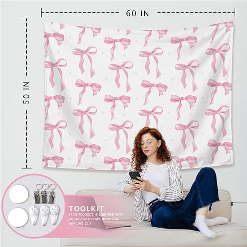 LIANGW Coquette Pink Bow Tapestry Wall Hanging, Coquette Preppy Room Decor, Pink Girly Aesthetic Wall Blanket Decor for Girls Room Dorm Apartment, 50x60 Inch thumbnail 3