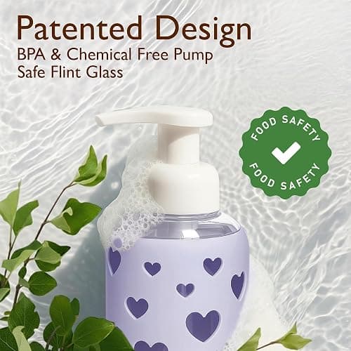 SoCal Suds & Company Foaming Hand Soap Dispenser Glass, Soft Purple, 8oz | Liquid Soap Pump w/ Heart Silicone Sleeve, Refillable Bottle for Kids, Baby Wash & Shampoo, Ideal for Bathroom & Kitchen Use thumbnail 3