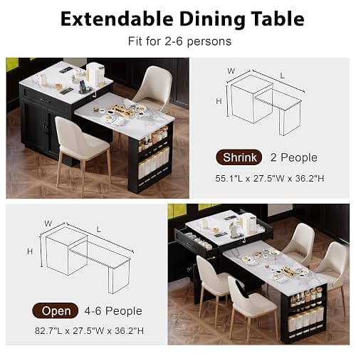 Merax 82.7" Kitchen Island with Extendable Dining Table for 4-6, Rolling Mobile Center Islands with Storage, Charging Station, 2 Drawers 2 Side Open Shelves, Black thumbnail 3