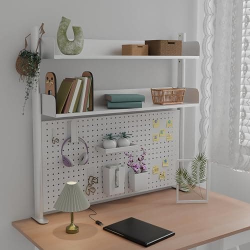 Boltmol Estante de escritorio de 2 niveles con abrazadera, blanco de 100 cm, organizador de escritorio con tablero de clavijas, estantería de almacenamiento de encimera para el hogar, oficina o thumbnail 2
