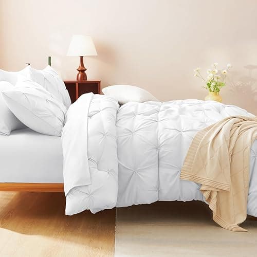 CozyLux Queen Comforter Set White, 7 Pieces Pintuck Bed in A Bag, Premium White Comforter Queen Size, Pinch Pleat Bedding Sets with Comforter, Sheets, Pillowcases & Shams thumbnail 5