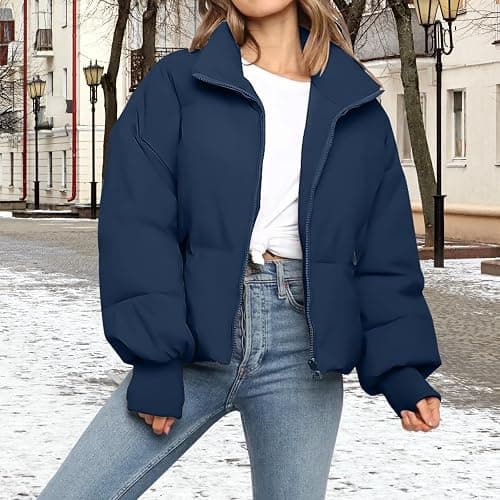 Women’s Winter Cropped Puffer Jacket Coat Casual Quilted Baggy Long Sleeve Zip Down Jackets Outerwear thumbnail 9