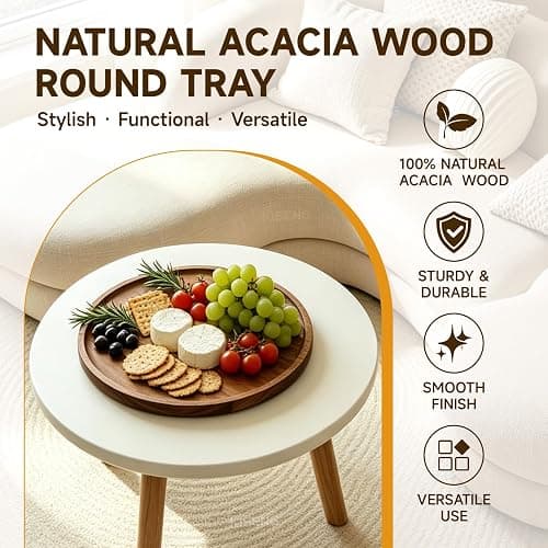 11.5" Round Acacia Wood Serving Tray | Natural Wooden Decor Food Tray for Ottoman, Couch & Coffee Table, Daily Home Use thumbnail 3