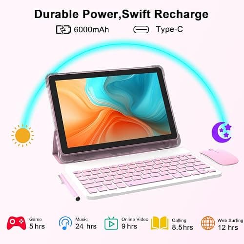 CUPEISI Android 15 Tablet 10 Inch, 20GB RAM+128GB ROM/ 2TB Expandable, 2.0GHz Quad-core Processor, 1280*800 HD Screen, 5G WiFi6 BT 5.0, 2 in 1 Tablets with Keyboard Case Mouse Stylus, Widevine L1 Pink thumbnail 8