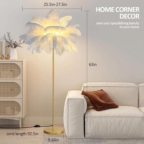 rzoizwko Feather Floor Lamp for Living Room,Standing Lamps Ostrich Feather for Bedroom,White Modern Office Lamps with LED Bulb 3 Color,160cm Tall Floor Light Dimmable with Foot Switch (White) - Image 1