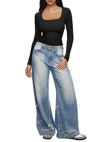 REORIA Long Sleeve Shirts for Women Scoop Neck Going Out Slim Basic Tshirts 2025 Trendy Tops Ribbed Knit Fall Outfits thumbnail 6
