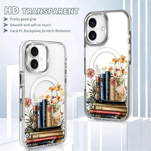 MQJCYB Magnetic Case for iPhone 16 Design On Clear Base, Compatible with MagSafe, Slim Protective Soft TPU Bumper Phone Cover Women Girls Case for iPhone 16 -Clear Book Lover Flower thumbnail 3