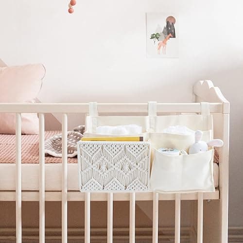 Mkono Bedside Caddy, Macrame Bunk Bed Hanging Organizer, 7 Pockets Ivory | Dorm Room Essentials, Boho Storage Bag, Remote Books Magazines Phone Snacks Drinks Holder, Bedroom Nursery Loft Baby Bed Rail thumbnail 2