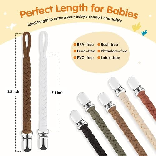 Boukipow Baby Pacifier Clip, 7 Pack Baby Pacifier Holder Leash for Boys and Girls,100% Handmade Braided Design, Universal Fit for All Pacifiers & Teething Toys - Modern Unisex Baby Gift thumbnail 2