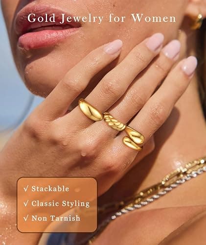 ZOERAY Chunky Gold Rings for Women Non Tarnish Trendy 14k Gold Plated Adjustable Signet Band Stackable Thumb Ring Set Open Twist Dome Statement Stacking Rings Jewelry Gifts for Women Size 5-10 thumbnail 4