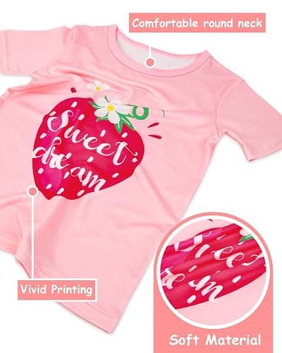 Nidoul Girls Pajamas Short Sleeve Toddler Summer Pjs Girls' Sleepwear 2 Pieces Lounge Sets Kids Clothes 3T-14Y - Pink Strawberry - 5-6 Years thumbnail 5