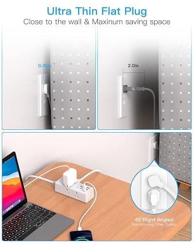 10Ft Extension Cord with Multiple Outlets, Flat Plug Power Strip Surge Protector with 10 Ft Long Cord, 6 Outlet 3 USB Ports (1 USB C), Multi Outlet Wall Plug for Travel, College, Dorm Room Essentials - White - 10FT thumbnail 6
