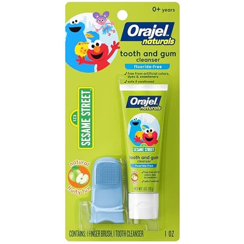 Orajel Baby Elmo Tooth & Gum Cleanser Fluoride-Free, 1 Finger brush, 1 Toothpaste 1oz; #1 Pediatrician Recommended Fluoride-Free Toothpaste* | Featuring Sesame Street, Training Toothpaste, For Babies Age 0+, #1 Pediatrician Recommended Fluoride-Free Toothpaste - Image 1