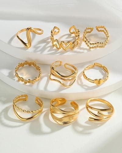 BETTY&SARAH 9PCS Gold Rings for Women Non Tarnish, 18K Gold Plated Chunky Adjustable Stackable Rings, Open Stacking Knuckle Ring Set Gifts thumbnail 2