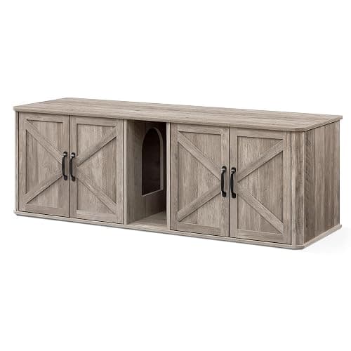 Feandrea Double Cat Litter Box Enclosure, Modern Litter Box Furniture Hidden for 2 Cats, Front Entry, Cat House, Side End Table, TV Stand, 59 x 19 x 19.5 Inches, Heather Griege UPCL010G01 - Image 1