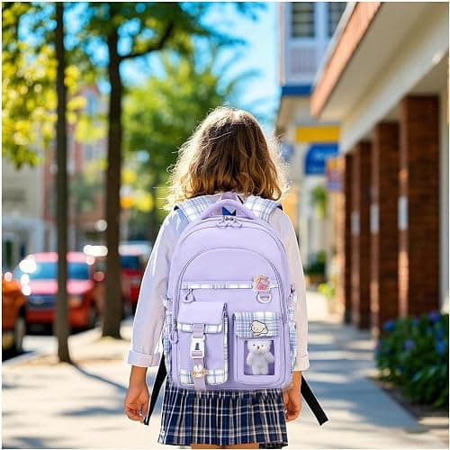 PRLINJSK Girls Backpack，Cute School Backpack for Girls Kids Teens，Kawaii Bookbag for Primary Elementary，Purple thumbnail 2