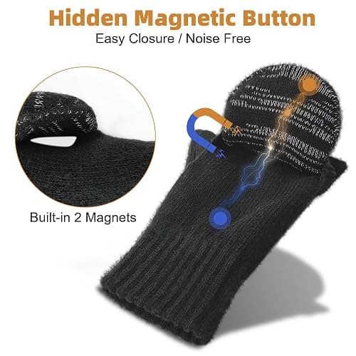 BERGWEISER Flip Winter Gloves, Wool Fingerless Gloves for Women Men Cold Weather, Mittens with Reflective for Christmas thumbnail 4